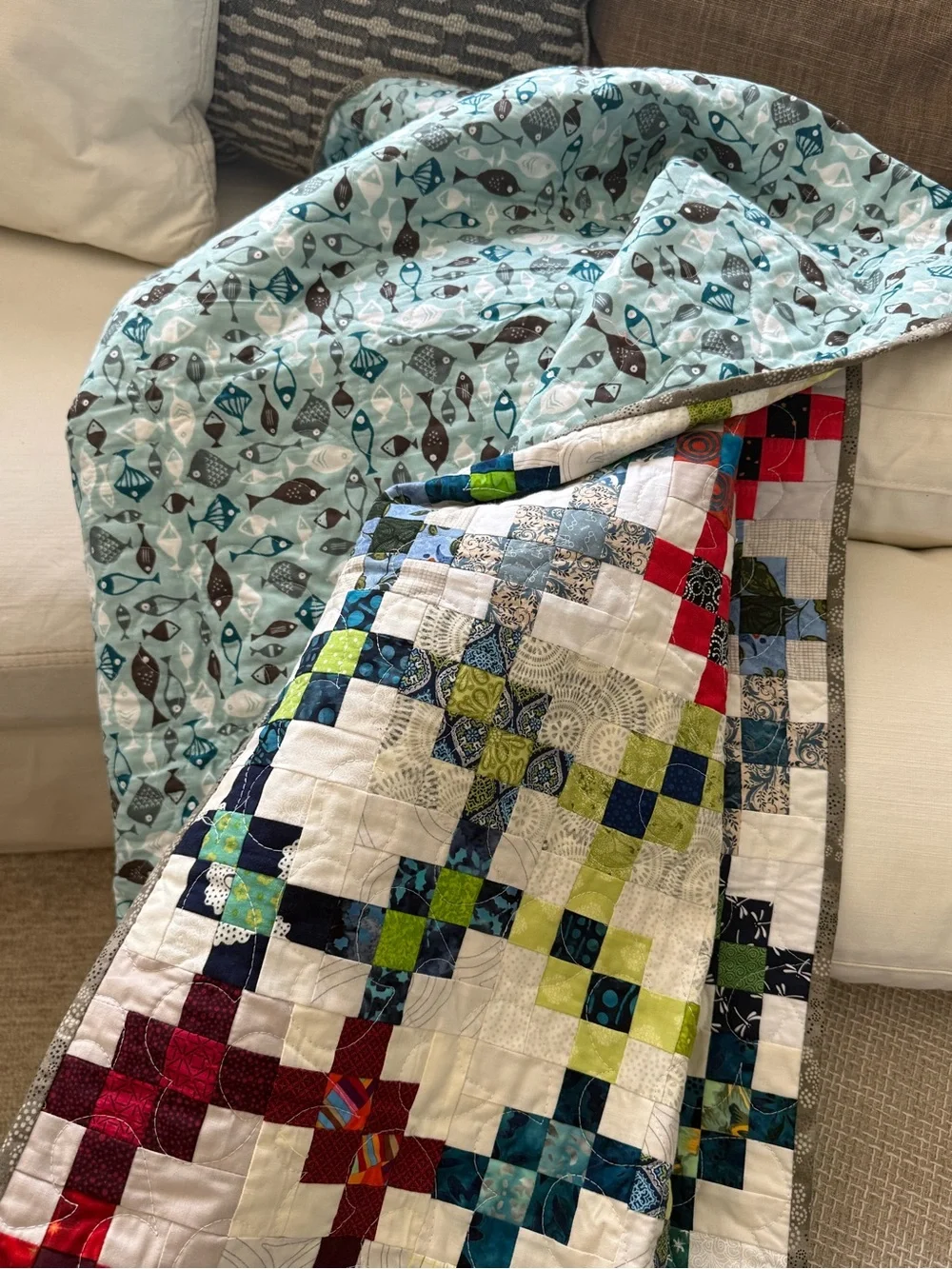 Handmade nautical Multi-Color Patchwork throw Quilt Fish Print Backing